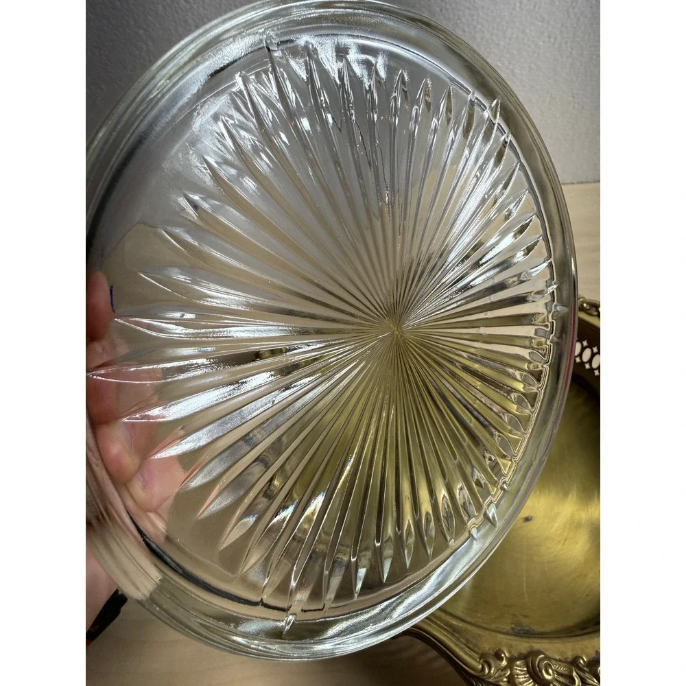 Vintage Brass Gallery Tray Ornate Floral‎ Rim Starburst Cut Glass Insert
